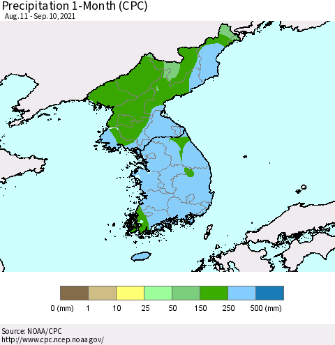 Korea Precipitation 1-Month (CPC) Thematic Map For 8/11/2021 - 9/10/2021