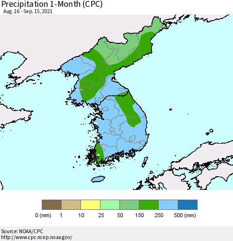 Korea Precipitation 1-Month (CPC) Thematic Map For 8/16/2021 - 9/15/2021