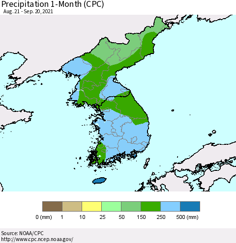 Korea Precipitation 1-Month (CPC) Thematic Map For 8/21/2021 - 9/20/2021
