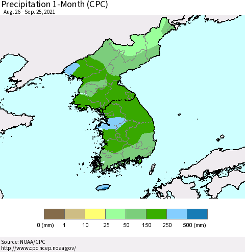 Korea Precipitation 1-Month (CPC) Thematic Map For 8/26/2021 - 9/25/2021