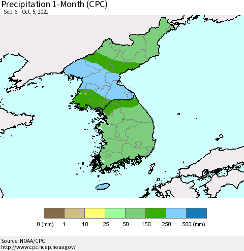 Korea Precipitation 1-Month (CPC) Thematic Map For 9/6/2021 - 10/5/2021