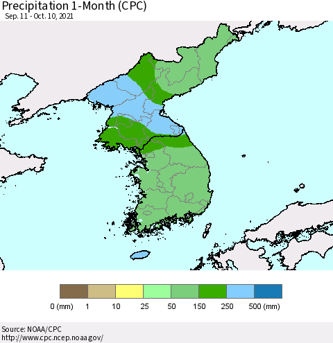 Korea Precipitation 1-Month (CPC) Thematic Map For 9/11/2021 - 10/10/2021