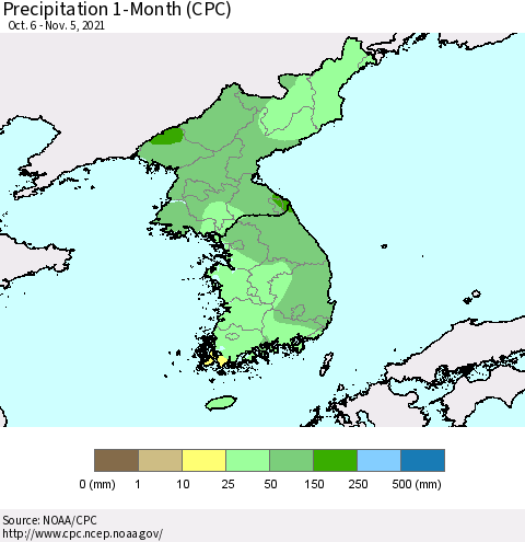 Korea Precipitation 1-Month (CPC) Thematic Map For 10/6/2021 - 11/5/2021