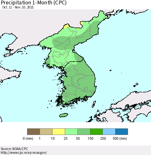 Korea Precipitation 1-Month (CPC) Thematic Map For 10/11/2021 - 11/10/2021