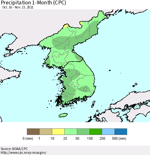 Korea Precipitation 1-Month (CPC) Thematic Map For 10/16/2021 - 11/15/2021