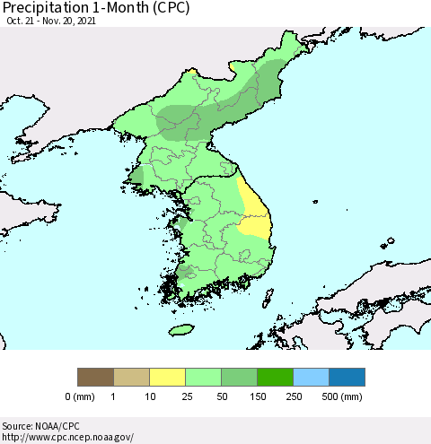 Korea Precipitation 1-Month (CPC) Thematic Map For 10/21/2021 - 11/20/2021