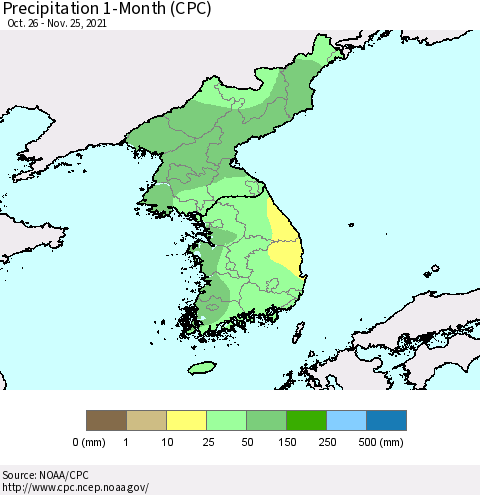 Korea Precipitation 1-Month (CPC) Thematic Map For 10/26/2021 - 11/25/2021