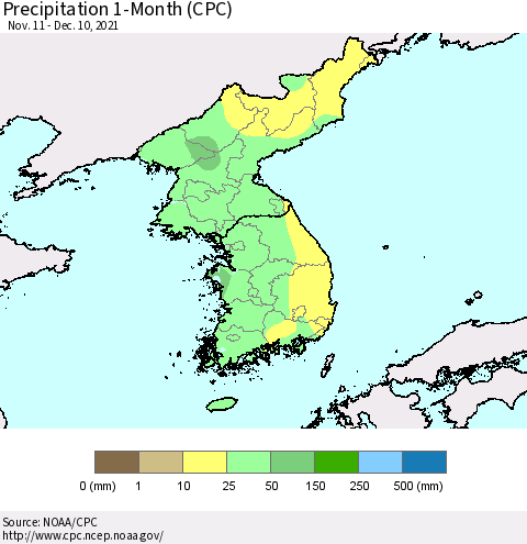 Korea Precipitation 1-Month (CPC) Thematic Map For 11/11/2021 - 12/10/2021