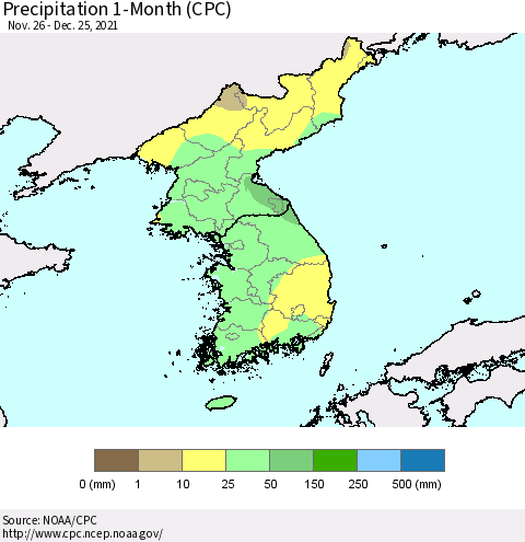 Korea Precipitation 1-Month (CPC) Thematic Map For 11/26/2021 - 12/25/2021