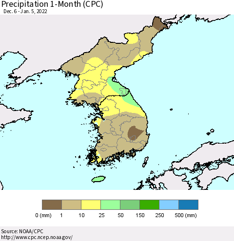 Korea Precipitation 1-Month (CPC) Thematic Map For 12/6/2021 - 1/5/2022