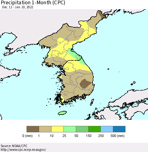 Korea Precipitation 1-Month (CPC) Thematic Map For 12/11/2021 - 1/10/2022