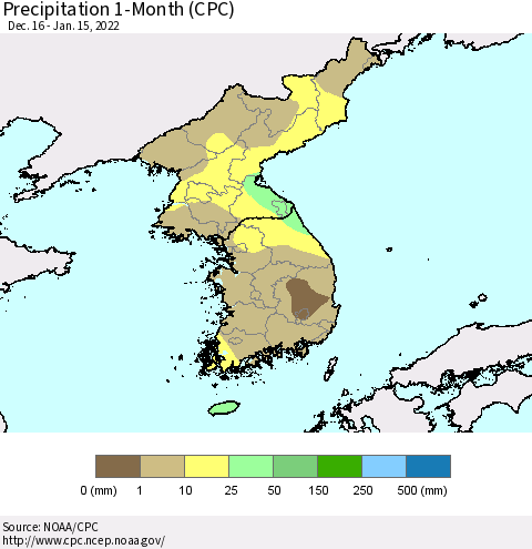 Korea Precipitation 1-Month (CPC) Thematic Map For 12/16/2021 - 1/15/2022