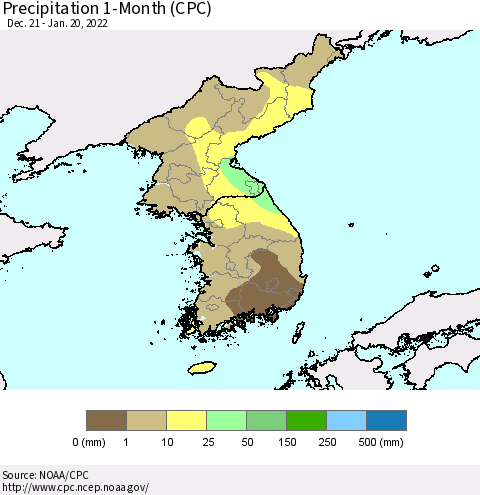 Korea Precipitation 1-Month (CPC) Thematic Map For 12/21/2021 - 1/20/2022