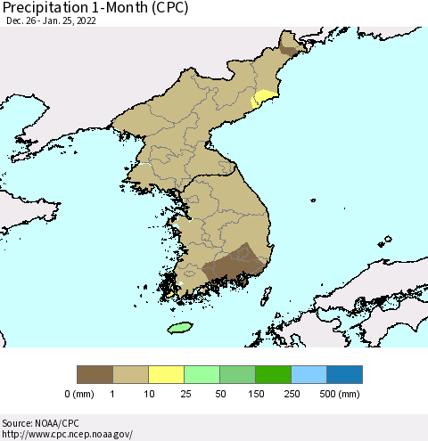 Korea Precipitation 1-Month (CPC) Thematic Map For 12/26/2021 - 1/25/2022