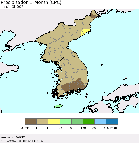 Korea Precipitation 1-Month (CPC) Thematic Map For 1/1/2022 - 1/31/2022