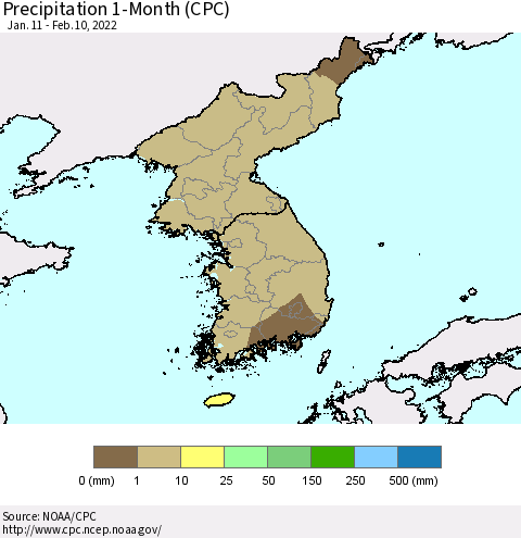 Korea Precipitation 1-Month (CPC) Thematic Map For 1/11/2022 - 2/10/2022