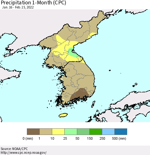 Korea Precipitation 1-Month (CPC) Thematic Map For 1/16/2022 - 2/15/2022