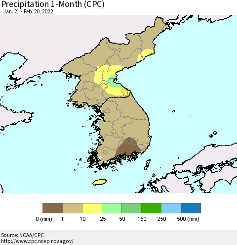 Korea Precipitation 1-Month (CPC) Thematic Map For 1/21/2022 - 2/20/2022