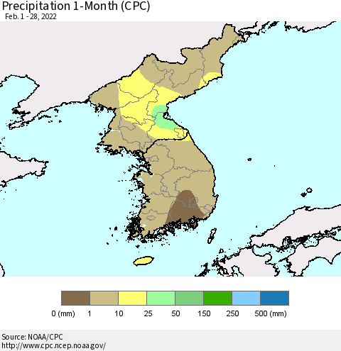 Korea Precipitation 1-Month (CPC) Thematic Map For 2/1/2022 - 2/28/2022