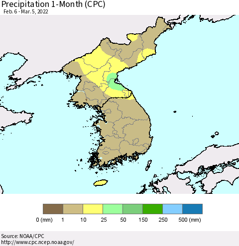 Korea Precipitation 1-Month (CPC) Thematic Map For 2/6/2022 - 3/5/2022