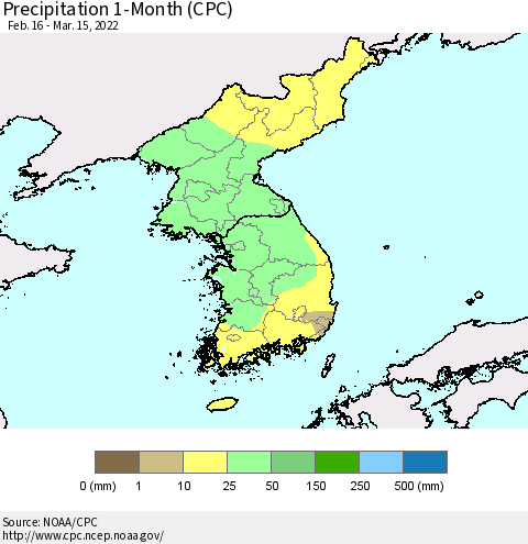 Korea Precipitation 1-Month (CPC) Thematic Map For 2/16/2022 - 3/15/2022