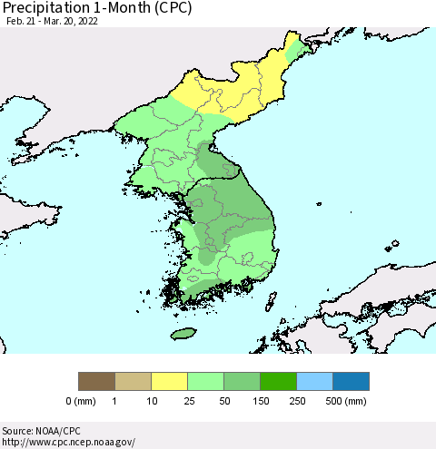 Korea Precipitation 1-Month (CPC) Thematic Map For 2/21/2022 - 3/20/2022