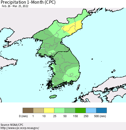 Korea Precipitation 1-Month (CPC) Thematic Map For 2/26/2022 - 3/25/2022