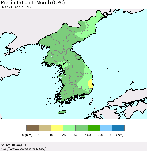Korea Precipitation 1-Month (CPC) Thematic Map For 3/21/2022 - 4/20/2022