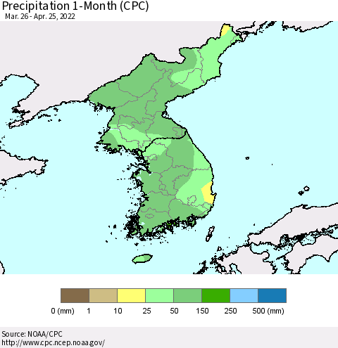 Korea Precipitation 1-Month (CPC) Thematic Map For 3/26/2022 - 4/25/2022