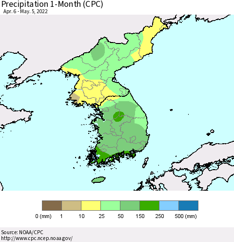 Korea Precipitation 1-Month (CPC) Thematic Map For 4/6/2022 - 5/5/2022