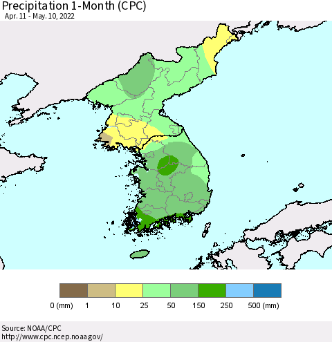 Korea Precipitation 1-Month (CPC) Thematic Map For 4/11/2022 - 5/10/2022