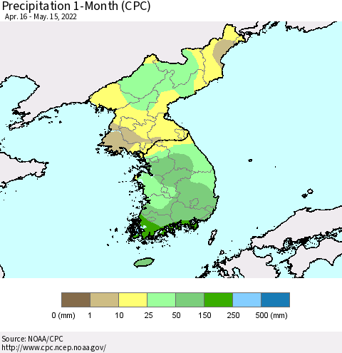 Korea Precipitation 1-Month (CPC) Thematic Map For 4/16/2022 - 5/15/2022