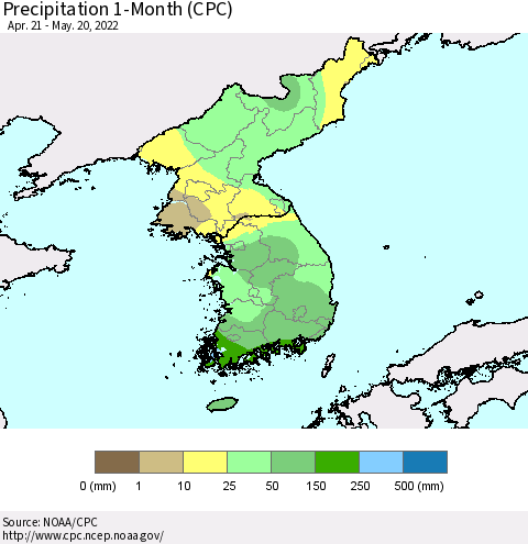 Korea Precipitation 1-Month (CPC) Thematic Map For 4/21/2022 - 5/20/2022