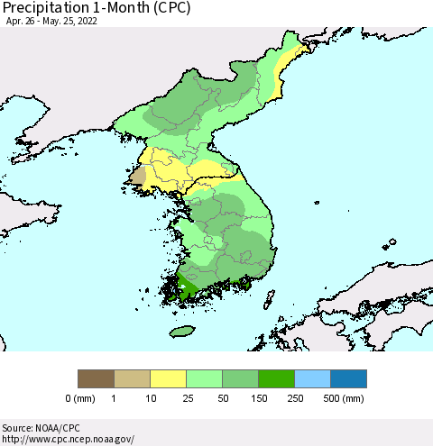 Korea Precipitation 1-Month (CPC) Thematic Map For 4/26/2022 - 5/25/2022