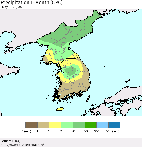 Korea Precipitation 1-Month (CPC) Thematic Map For 5/1/2022 - 5/31/2022
