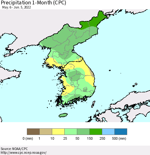 Korea Precipitation 1-Month (CPC) Thematic Map For 5/6/2022 - 6/5/2022