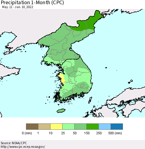 Korea Precipitation 1-Month (CPC) Thematic Map For 5/11/2022 - 6/10/2022