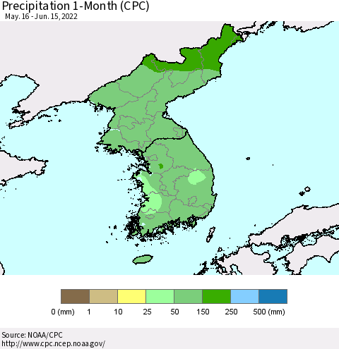 Korea Precipitation 1-Month (CPC) Thematic Map For 5/16/2022 - 6/15/2022