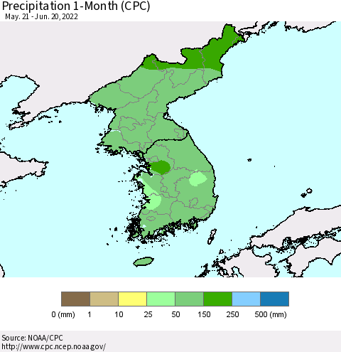 Korea Precipitation 1-Month (CPC) Thematic Map For 5/21/2022 - 6/20/2022