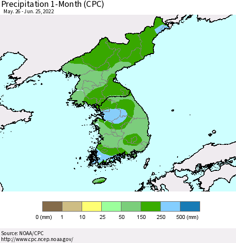 Korea Precipitation 1-Month (CPC) Thematic Map For 5/26/2022 - 6/25/2022