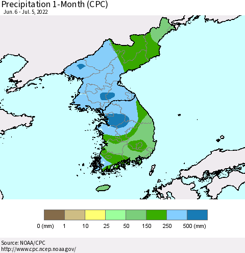 Korea Precipitation 1-Month (CPC) Thematic Map For 6/6/2022 - 7/5/2022