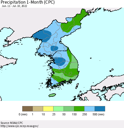 Korea Precipitation 1-Month (CPC) Thematic Map For 6/11/2022 - 7/10/2022