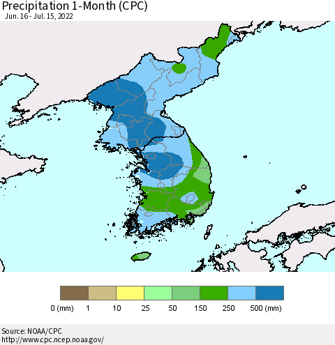 Korea Precipitation 1-Month (CPC) Thematic Map For 6/16/2022 - 7/15/2022