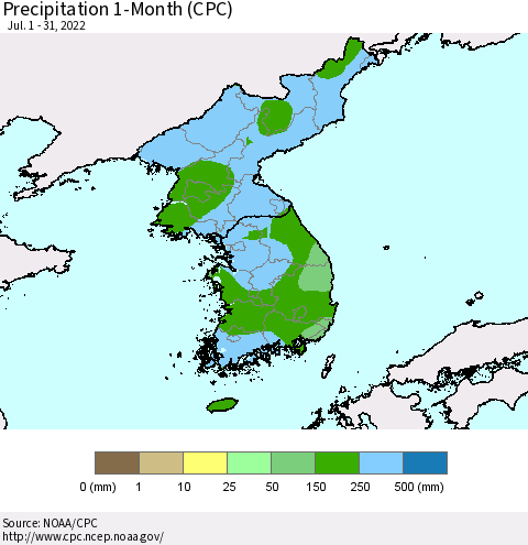 Korea Precipitation 1-Month (CPC) Thematic Map For 7/1/2022 - 7/31/2022
