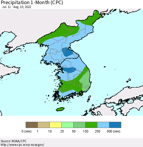 Korea Precipitation 1-Month (CPC) Thematic Map For 7/11/2022 - 8/10/2022