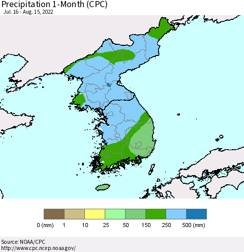 Korea Precipitation 1-Month (CPC) Thematic Map For 7/16/2022 - 8/15/2022