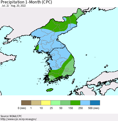 Korea Precipitation 1-Month (CPC) Thematic Map For 7/21/2022 - 8/20/2022
