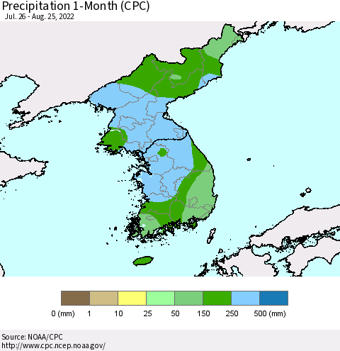 Korea Precipitation 1-Month (CPC) Thematic Map For 7/26/2022 - 8/25/2022