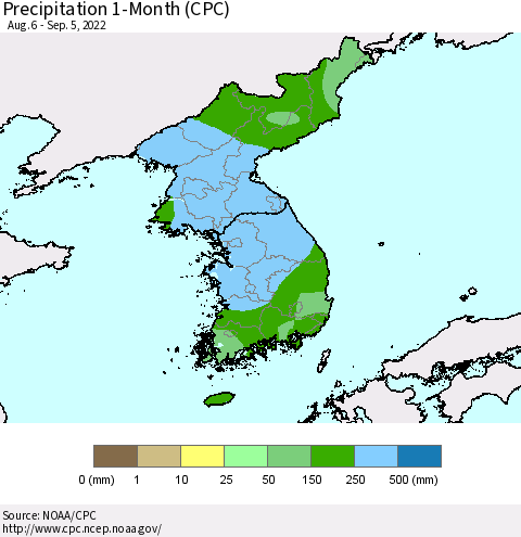 Korea Precipitation 1-Month (CPC) Thematic Map For 8/6/2022 - 9/5/2022