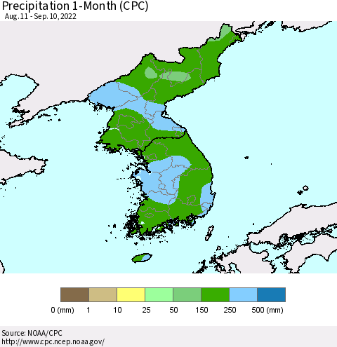 Korea Precipitation 1-Month (CPC) Thematic Map For 8/11/2022 - 9/10/2022